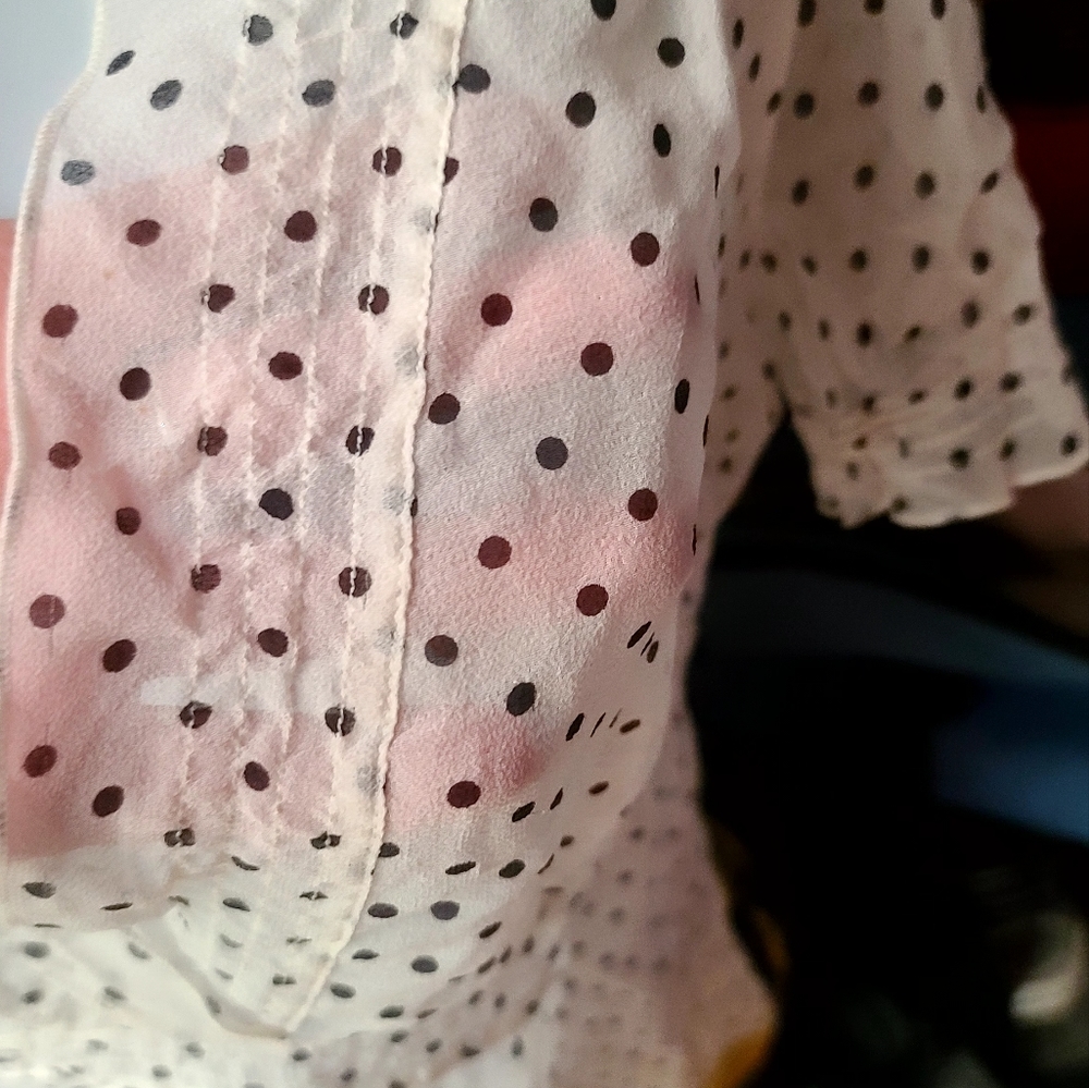 100%Silk BCBG MAXAZRIA sheer cream polka-dot ruffled top sz4 - Picture 5 of 8
